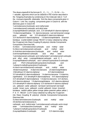 The disazo-dyestuff of the formula CI _ C_- 1 (___?.;, CL N= -. / k.-.
I valuable pigments which can be obtained in the manner described in
the foregoing Examples by condensing (in the molecular ratio 2: 1) of
the monoazo-dyestuffs obtainable from the diazo components given in
Column I and the coupling components given in Column II, with the
diamines given in Column III:
1-aminobenzene-2carboxylic acid methyl ester
1-aminobenzene2-carboxylic acid ethyl ester
2-oxynaphthalene3-carboxylic acid , 3:31-dimethyl4:41-diamino-diphenyl
1:5-diaminonaphthalene 1:4 diamino-benzene rust red brownish orange
pure, yellowish red 3:31-dimethyl4:41-diamrnino-diphenyl
3:31-dichloro4:41-diaminodiphenyl 1:5-diaminonaphthalene brownish
bordeaux scarlet reddish orange 780,031 Iv Colour obtained by rolling
the I II pigment into Diazo Coupling III polyvinyl chloride Components
Components Diwmines foils.
4-chloro- l-aminobenzene2-carboxylic acid methyl ester
5-chloro-l-aminobenzene2-carboxylic acid methyl ester
4.:6-dichloro-laminobenzene-2carboxylic acid methyl ester
2-aminonaphthalene3-carboxylic acid ethyl ester
1-aminobenzene2-carboxylic acid methyl ester1-aminobenzene2-carboxylic
acid ethyl ester )-oxynaphthalenei-carboxylic acid C I
2-oxynaphthalene3-carboxylic: acid 1-phenyl-5-pyrazolone-3-carboxylic
acid 1P(21-chlorophenyl)5-pyrazolone-3carboxylic acid
1-phenyl-3-methyl5-pyrazolone-41carboxylic: acid
4-chloro-l-amninobenzene2-carboxylic acid methyl ester
:4I-diaminoLiphenyl :4-diamnino-benzene [:S-diaminoiaphthalene
:3'dimethoxy1:41-diamino-diphenyl 4:4'-diaminodiphenyl
3:3'-dimethyl4:41-diamninodiphenyl 1:4-diamino-benzene 1:5-diamino,
naphthalene 3:31-dimethyl4:4'-diaminodiphenyl 4:41-diaminodiphenyl
3:31-dimethyl4:4'-diaminodiphenyl 1:4-diamino-benzene 3:31-dichloro,
4:41-diamino-diphenyl 1:5-diaminonaphthalene 4:41-diamino-diphenyl
3:31-dimethyl4:41-diamino-diphenyl 3:31-dichloro4:41-diwnino-cliphenyl
ure, yellowish carlet yellowish red bluish red brownish red bright
scarlet brown pure, yellowish scarlet yellowish brown brownish
bordeaux reddish yellow yellow orange yellow greenish yellow yellow )
F S 11 780,031 U j! IV Colour obtained by rolling the I II pigment
into Diazo Coupling III polyvinyl chloride Components Components
Diamines foils.
5-chloro-laminobenzene-2carboxylic acid methyl ester
4:6-dichloro-laminobenzene-2-.
carboxylic acid methyl ester 1-aminobenzene2-carboxylic acid-n-butyl
ester 1-aminobenzene-2carboxylic acid methyl ester
1-phenyl-3-methyl5-pyrazolone-41carboxylic acid
2-oxynaphthalene-3-carboxylic acid 3:31-diaminro-dpey
 