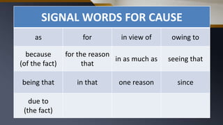 SIGNAL WORDS FOR CAUSE
as for in view of owing to
because
(of the fact)
for the reason
that
in as much as seeing that
being that in that one reason since
due to
(the fact)
 