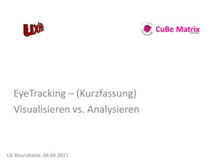 CuBe Matrix
                                          interactive




  EyeTracking – (Kurzfassung)
  Visualisieren vs. Analysieren



UX-Roundtable, 04.04.2011
 