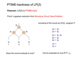 PTIME-hardness of LP(2)
Theorem: LP(2) is PTIME-hard

 Proof: Logspace reduction from Monotone Circuit Value Problem


   ...