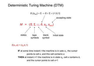 Deterministic Turing Machine (DTM)

                       Sn{sacc} £ Σ ! S £ Σ £ {-1,0,1}

                              ...