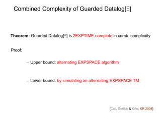 Combined Complexity of Guarded Datalog[9]



Theorem: Guarded Datalog[9] is 2EXPTIME-complete in comb. complexity


Proof:...