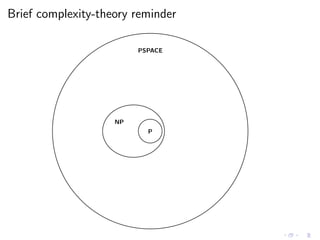 Brief complexity-theory reminder
PSPACE
NP
P
 