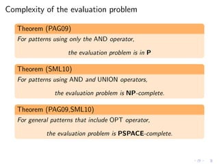 Complexity of the evaluation problem
Theorem (PAG09)
For patterns using only the AND operator,
the evaluation problem is in P
Theorem (SML10)
For patterns using AND and UNION operators,
the evaluation problem is NP-complete.
Theorem (PAG09,SML10)
For general patterns that include OPT operator,
the evaluation problem is PSPACE-complete.
 