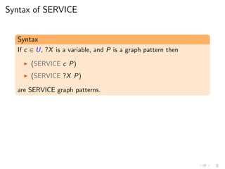 Syntax of SERVICE
Syntax
If c ∈ U, ?X is a variable, and P is a graph pattern then
◮ (SERVICE c P)
◮ (SERVICE ?X P)
are SERVICE graph patterns.
 