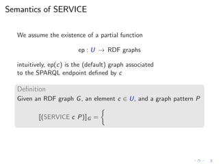 Semantics of SERVICE
We assume the existence of a partial function
ep : U → RDF graphs
intuitively, ep(c) is the (default) graph associated
to the SPARQL endpoint deﬁned by c
Deﬁnition
Given an RDF graph G, an element c ∈ U, and a graph pattern P
(SERVICE c P) G =
 