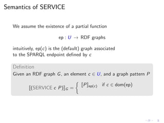 Semantics of SERVICE
We assume the existence of a partial function
ep : U → RDF graphs
intuitively, ep(c) is the (default) graph associated
to the SPARQL endpoint deﬁned by c
Deﬁnition
Given an RDF graph G, an element c ∈ U, and a graph pattern P
(SERVICE c P) G =
P ep(c) if c ∈ dom(ep)
 