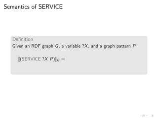 Semantics of SERVICE
Deﬁnition
Given an RDF graph G, a variable ?X, and a graph pattern P
(SERVICE ?X P) G =
 