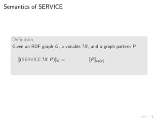 Semantics of SERVICE
Deﬁnition
Given an RDF graph G, a variable ?X, and a graph pattern P
(SERVICE ?X P) G = P ep(c)
 