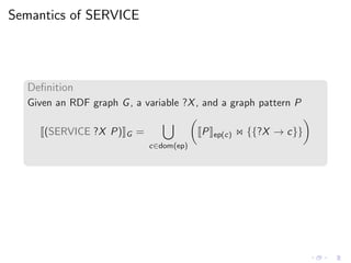 Semantics of SERVICE
Deﬁnition
Given an RDF graph G, a variable ?X, and a graph pattern P
(SERVICE ?X P) G =
c∈dom(ep)
P ep(c) ⋊⋉ {{?X → c}}
 