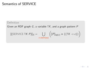 Semantics of SERVICE
Deﬁnition
Given an RDF graph G, a variable ?X, and a graph pattern P
(SERVICE ?X P) G =
c∈dom(ep)
P ep(c) ⋊⋉ {{?X → c}}
 