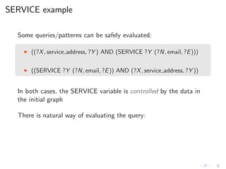 SERVICE example
Some queries/patterns can be safely evaluated:
◮ ((?X, service address, ?Y ) AND (SERVICE ?Y (?N, email, ?E)))
◮ ((SERVICE ?Y (?N, email, ?E)) AND (?X, service address, ?Y ))
In both cases, the SERVICE variable is controlled by the data in
the initial graph
There is natural way of evaluating the query:
 
