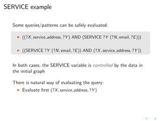 SERVICE example
Some queries/patterns can be safely evaluated:
◮ ((?X, service address, ?Y ) AND (SERVICE ?Y (?N, email, ?E)))
◮ ((SERVICE ?Y (?N, email, ?E)) AND (?X, service address, ?Y ))
In both cases, the SERVICE variable is controlled by the data in
the initial graph
There is natural way of evaluating the query:
◮ Evaluate ﬁrst (?X, service address, ?Y )
 