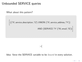Unbounded SERVICE queries
What about this pattern?
(?X, service description, ?Z) UNION (?X, service address, ?Y )
AND (SERVICE ?Y (?N, email, ?E))
:-(
Idea: force the SERVICE variable to be bound in every solution.
 