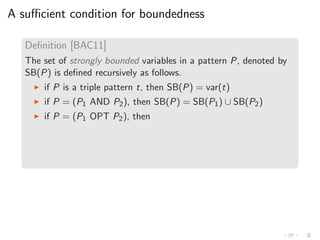 A suﬃcient condition for boundedness
Deﬁnition [BAC11]
The set of strongly bounded variables in a pattern P, denoted by
SB(P) is deﬁned recursively as follows.
◮ if P is a triple pattern t, then SB(P) = var(t)
◮ if P = (P1 AND P2), then SB(P) = SB(P1) ∪ SB(P2)
◮ if P = (P1 OPT P2), then
 