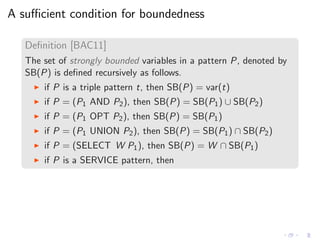 A suﬃcient condition for boundedness
Deﬁnition [BAC11]
The set of strongly bounded variables in a pattern P, denoted by
SB(P) is deﬁned recursively as follows.
◮ if P is a triple pattern t, then SB(P) = var(t)
◮ if P = (P1 AND P2), then SB(P) = SB(P1) ∪ SB(P2)
◮ if P = (P1 OPT P2), then SB(P) = SB(P1)
◮ if P = (P1 UNION P2), then SB(P) = SB(P1) ∩ SB(P2)
◮ if P = (SELECT W P1), then SB(P) = W ∩ SB(P1)
◮ if P is a SERVICE pattern, then
 