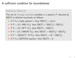 A suﬃcient condition for boundedness
Deﬁnition [BAC11]
The set of strongly bounded variables in a pattern P, denoted by
SB(P) is deﬁned recursively as follows.
◮ if P is a triple pattern t, then SB(P) = var(t)
◮ if P = (P1 AND P2), then SB(P) = SB(P1) ∪ SB(P2)
◮ if P = (P1 OPT P2), then SB(P) = SB(P1)
◮ if P = (P1 UNION P2), then SB(P) = SB(P1) ∩ SB(P2)
◮ if P = (SELECT W P1), then SB(P) = W ∩ SB(P1)
◮ if P is a SERVICE pattern, then SB(P) = ∅
 