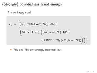 (Strongly) boundedness is not enough
Are we happy now?
P2 = (?U1, related with, ?U2) AND
SERVICE ?U1 (?N, email, ?E) OPT
(SERVICE ?U2 (?N, phone, ?F)) .
◮ ?U1 and ?U2 are strongly bounded, but
 