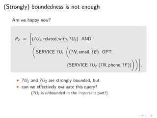 (Strongly) boundedness is not enough
Are we happy now?
P2 = (?U1, related with, ?U2) AND
SERVICE ?U1 (?N, email, ?E) OPT
(SERVICE ?U2 (?N, phone, ?F)) .
◮ ?U1 and ?U2 are strongly bounded, but
◮ can we eﬀectively evaluate this query?
(?U2 is unbounded in the important part!)
 