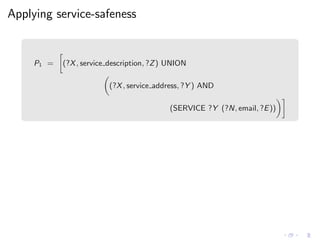 Applying service-safeness
P1 = (?X, service description, ?Z) UNION
(?X, service address, ?Y ) AND
(SERVICE ?Y (?N, email, ?E))
 