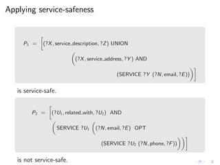 Applying service-safeness
P1 = (?X, service description, ?Z) UNION
(?X, service address, ?Y ) AND
(SERVICE ?Y (?N, email, ?E))
is service-safe.
P2 = (?U1, related with, ?U2) AND
SERVICE ?U1 (?N, email, ?E) OPT
(SERVICE ?U2 (?N, phone, ?F))
is not service-safe.
 