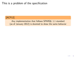 This is a problem of the speciﬁcation
[ACP12]
Any implementation that follows SPARQL 1.1 standard
(as of January 2012) is doomed to show the same behavior
 