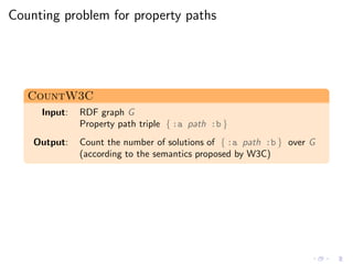 Counting problem for property paths
CountW3C
Input: RDF graph G
Property path triple { :a path :b }
Output: Count the number of solutions of { :a path :b } over G
(according to the semantics proposed by W3C)
 