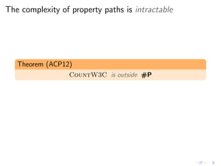 The complexity of property paths is intractable
Theorem (ACP12)
CountW3C is outside #P
 