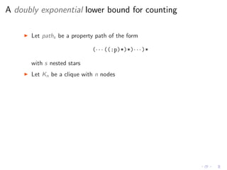 A doubly exponential lower bound for counting
◮ Let paths be a property path of the form
(· · · ((:p)*)*)· · ·)*
with s nested stars
◮ Let Kn be a clique with n nodes
 
