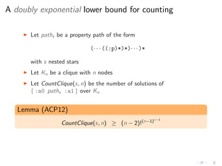 A doubly exponential lower bound for counting
◮ Let paths be a property path of the form
(· · · ((:p)*)*)· · ·)*
with s nested stars
◮ Let Kn be a clique with n nodes
◮ Let CountClique(s, n) be the number of solutions of
{ :a0 paths :a1 } over Kn
Lemma (ACP12)
CountClique(s, n) ≥ (n − 2)!(n−1)s−1
 
