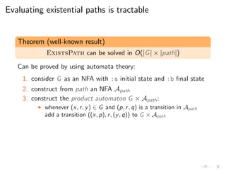 Evaluating existential paths is tractable
Theorem (well-known result)
ExistsPath can be solved in O(|G| × |path|)
Can be proved by using automata theory:
1. consider G as an NFA with :a initial state and :b ﬁnal state
2. construct from path an NFA Apath
3. construct the product automaton G × Apath:
◮ whenever (x, r, y) ∈ G and (p, r, q) is a transition in Apath
add a transition ((x, p), r, (y, q)) to G × Apath
 