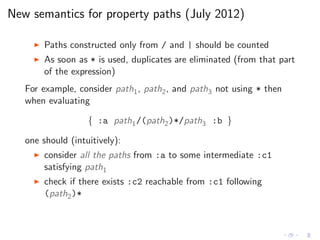 New semantics for property paths (July 2012)
◮ Paths constructed only from / and | should be counted
◮ As soon as * is used, duplicates are eliminated (from that part
of the expression)
For example, consider path1, path2, and path3 not using * then
when evaluating
{ :a path1/(path2)*/path3 :b }
one should (intuitively):
◮ consider all the paths from :a to some intermediate :c1
satisfying path1
◮ check if there exists :c2 reachable from :c1 following
(path2)*
 