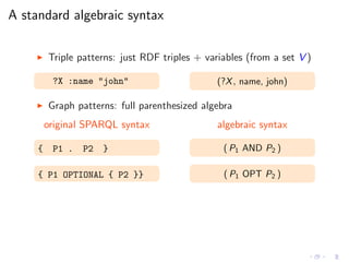 A standard algebraic syntax
◮ Triple patterns: just RDF triples + variables (from a set V )
?X :name "john" (?X, name, john)
◮ Graph patterns: full parenthesized algebra
original SPARQL syntax algebraic syntax
{ P1 . P2 } ( P1 AND P2 )
{ P1 OPTIONAL { P2 }} ( P1 OPT P2 )
 