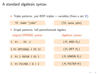 A standard algebraic syntax
◮ Triple patterns: just RDF triples + variables (from a set V )
?X :name "john" (?X, name, john)
◮ Graph patterns: full parenthesized algebra
original SPARQL syntax algebraic syntax
{ P1 . P2 } ( P1 AND P2 )
{ P1 OPTIONAL { P2 }} ( P1 OPT P2 )
{ P1 } UNION { P2 } ( P1 UNION P2 )
{ P1 FILTER ( R ) } ( P1 FILTER R )
 