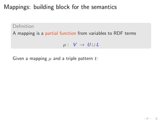 Mappings: building block for the semantics
Deﬁnition
A mapping is a partial function from variables to RDF terms
µ : V → U ∪ L
Given a mapping µ and a triple pattern t:
 