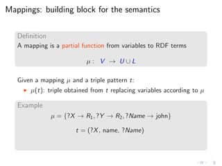 Mappings: building block for the semantics
Deﬁnition
A mapping is a partial function from variables to RDF terms
µ : V → U ∪ L
Given a mapping µ and a triple pattern t:
◮ µ(t): triple obtained from t replacing variables according to µ
Example
µ = {?X → R1, ?Y → R2, ?Name → john}
t = (?X, name, ?Name)
 