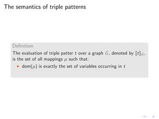 The semantics of triple patterns
Deﬁnition
The evaluation of triple patter t over a graph G, denoted by t G ,
is the set of all mappings µ such that:
◮ dom(µ) is exactly the set of variables occurring in t
 