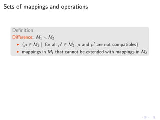 Sets of mappings and operations
Deﬁnition
Diﬀerence: M1 M2
◮ {µ ∈ M1 | for all µ′ ∈ M2, µ and µ′ are not compatibles}
◮ mappings in M1 that cannot be extended with mappings in M2
 