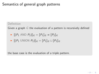 Semantics of general graph patterns
Deﬁnition
Given a graph G the evaluation of a pattern is recursively deﬁned
◮ (P1 AND P2) G = P1 G ⋊⋉ P2 G
◮ (P1 UNION P2) G = P1 G ∪ P2 G
the base case is the evaluation of a triple pattern.
 