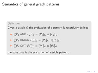 Semantics of general graph patterns
Deﬁnition
Given a graph G the evaluation of a pattern is recursively deﬁned
◮ (P1 AND P2) G = P1 G ⋊⋉ P2 G
◮ (P1 UNION P2) G = P1 G ∪ P2 G
◮ (P1 OPT P2) G = P1 G P2 G
the base case is the evaluation of a triple pattern.
 