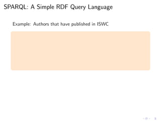SPARQL: A Simple RDF Query Language
Example: Authors that have published in ISWC
 