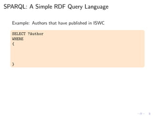 SPARQL: A Simple RDF Query Language
Example: Authors that have published in ISWC
SELECT ?Author
WHERE
{
}
 