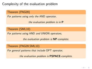 Complexity of the evaluation problem
Theorem (PAG09)
For patterns using only the AND operator,
the evaluation problem is i...
