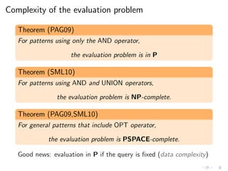 Complexity of the evaluation problem
Theorem (PAG09)
For patterns using only the AND operator,
the evaluation problem is i...