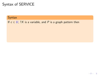 Syntax of SERVICE
Syntax
If c ∈ U, ?X is a variable, and P is a graph pattern then
 