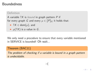 Boundedness
Deﬁnition
A variable ?X is bound in graph pattern P if
for every graph G and every µ ∈ P G it holds that:
◮ ?X...