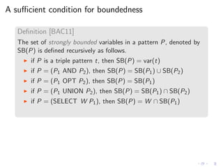 A suﬃcient condition for boundedness
Deﬁnition [BAC11]
The set of strongly bounded variables in a pattern P, denoted by
SB...