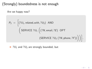 (Strongly) boundedness is not enough
Are we happy now?
P2 = (?U1, related with, ?U2) AND
SERVICE ?U1 (?N, email, ?E) OPT
(...