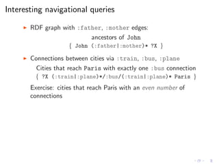 Interesting navigational queries
◮ RDF graph with :father, :mother edges:
ancestors of John
{ John (:father|:mother)* ?X }...