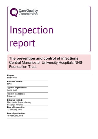 The prevention and control of infections
  Central Manchester University Hospitals NHS
  Foundation Trust

Region:
North West
Provider’s code:
RW3
Type of organisation:
Acute trust
Type of inspection:
Enhanced
Sites we visited:
Manchester Royal Infirmary
St Mary’s Hospital
Date of inspection:
13 January 2010
Date of publication:
10 February 2010
 